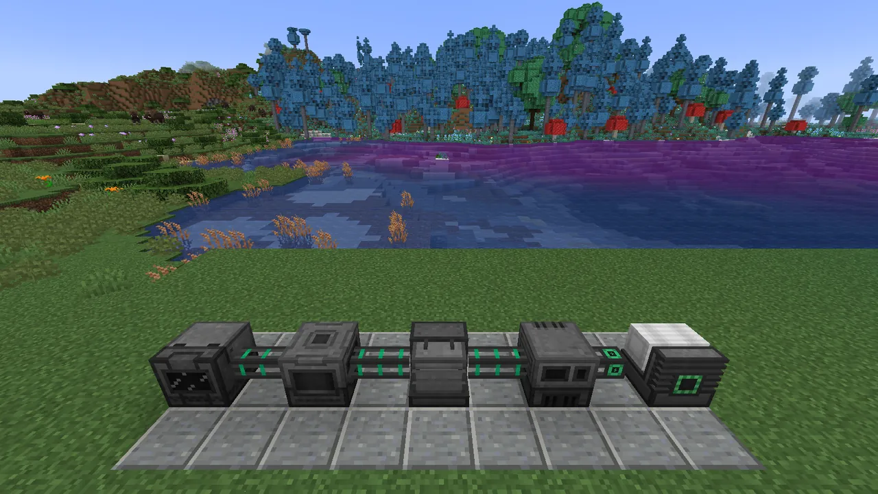An early Mekanism line: Enrichment Chamber, Crusher, Metallurgic Infuser, Energized Smelter and a Heat Generator, linked by universal cables.