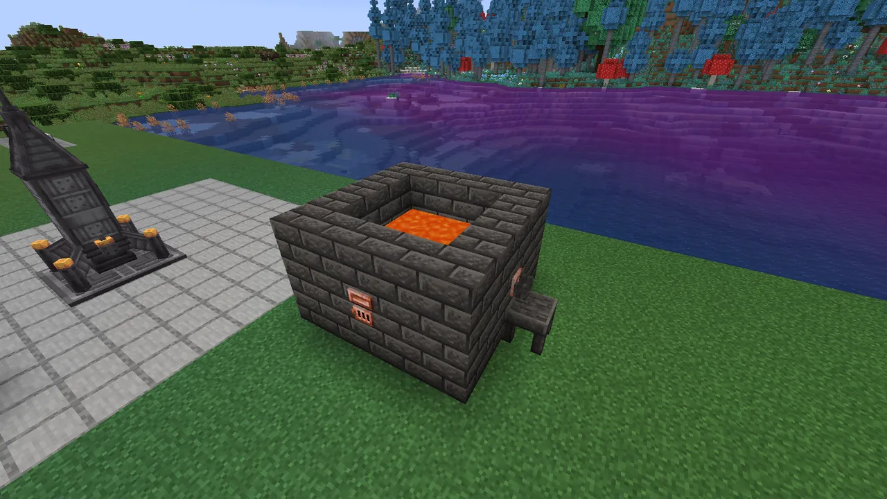 A small smeltery: seared brick walls with the controller, a drain, a faucet and a casting table.