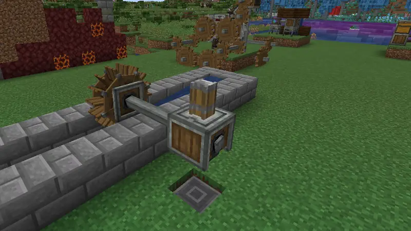 The goal of this chapter: a water wheel turns a shaft, the mechanical press stamps iron ingots on the depot into iron sheets. Recorded in the pack.