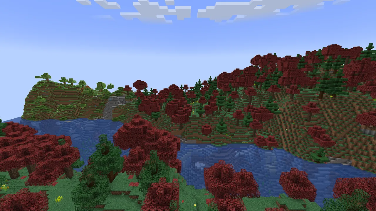Maple woods from Biomes O' Plenty next to a winding river from Climate Rivers.