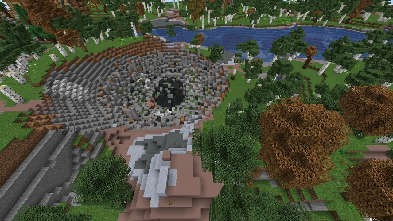 An AE2 meteorite crater. The dark sphere in the middle holds the Mysterious Cube and budding certus quartz.