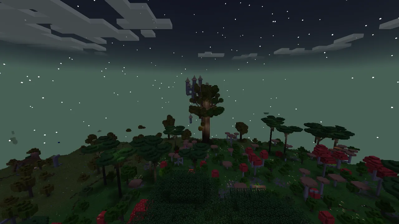 The Twilight Forest is always dusk. The tree tower on the left is a boss structure.